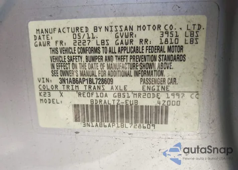 2011 Nissan Sentra 2.0Sr z USA, uszkodzony, nr VIN 3N1AB6AP1BL728609